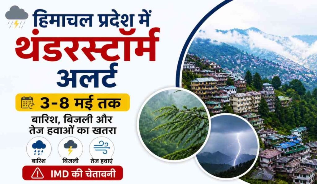 Himachal Weather Update: हिमाचल प्रदेश में थंडरस्टॉर्म अलर्ट, पहाड़ी शहर, बारिश, बिजली और तेज हवाओं का खतरा दिखाती इमेज