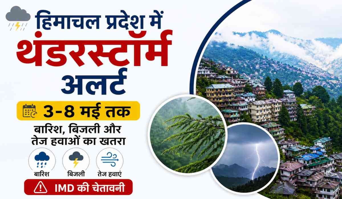 Himachal Weather Update: हिमाचल प्रदेश में थंडरस्टॉर्म अलर्ट, पहाड़ी शहर, बारिश, बिजली और तेज हवाओं का खतरा दिखाती इमेज