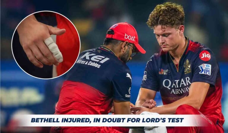 Jacob Bethell Injury IPL 2026: उंगली की चोट से बढ़ी इंग्लैंड की चिंता, पहले टेस्ट से बाहर हो सकते हैं बेथेल 4 Jacob Bethell Injury IPL 2026 के बाद आरसीबी खिलाड़ी मैदान पर उंगली की चोट के दौरान मेडिकल सहायता लेते हुए