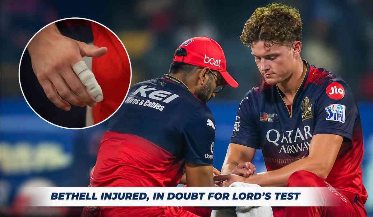 Jacob Bethell Injury IPL 2026 के बाद आरसीबी खिलाड़ी मैदान पर उंगली की चोट के दौरान मेडिकल सहायता लेते हुए
