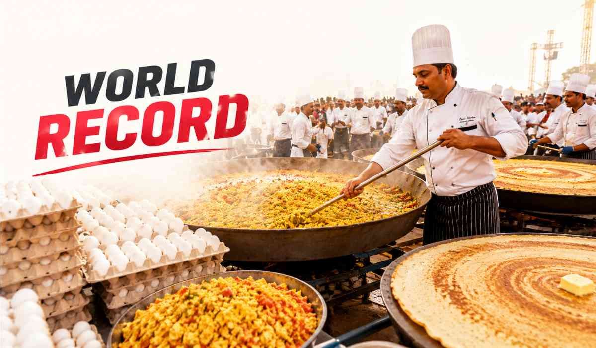 Chef Vishnu Manohar World Record Attempt thumbnail image showing giant Tarri-Poha cooking and massive egg bhurji preparation