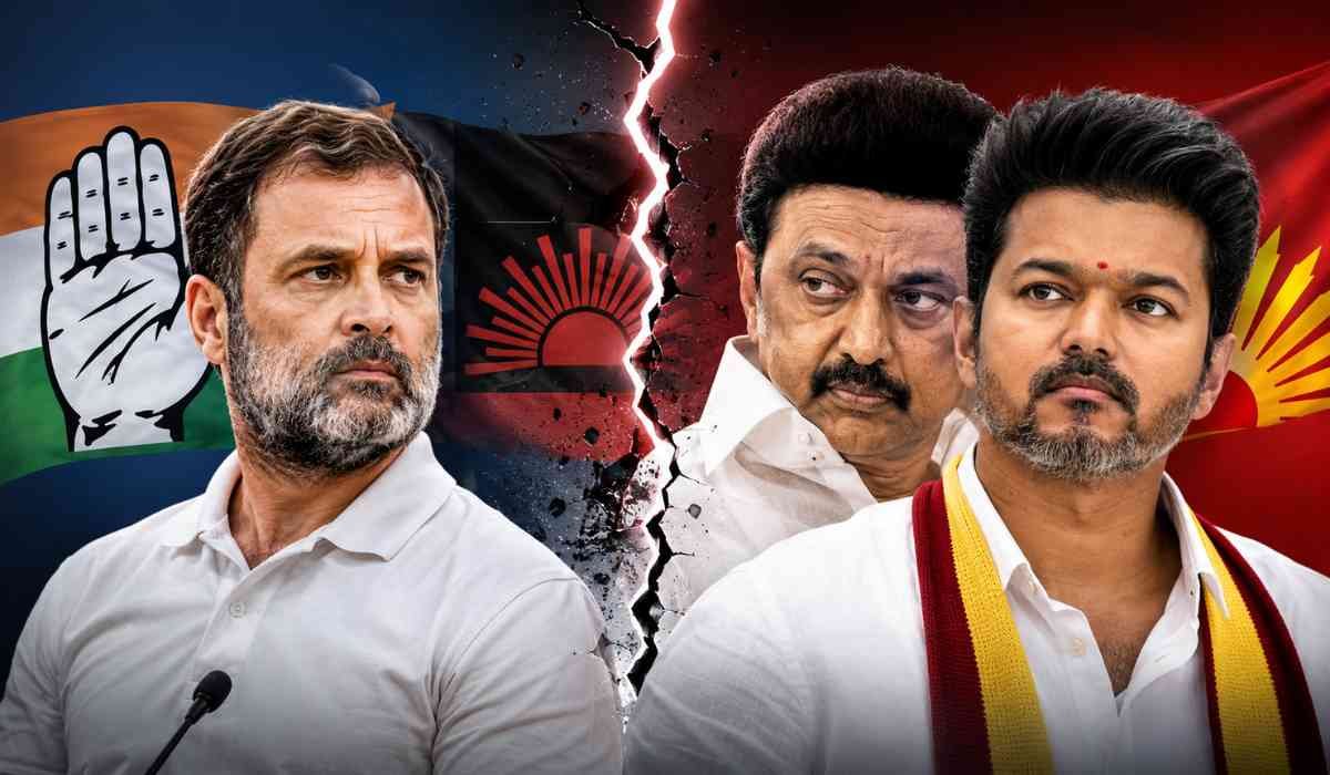 Congress DMK Alliance Break thumbnail image showing Rahul Gandhi, Vijay and MK Stalin amid Tamil Nadu political split