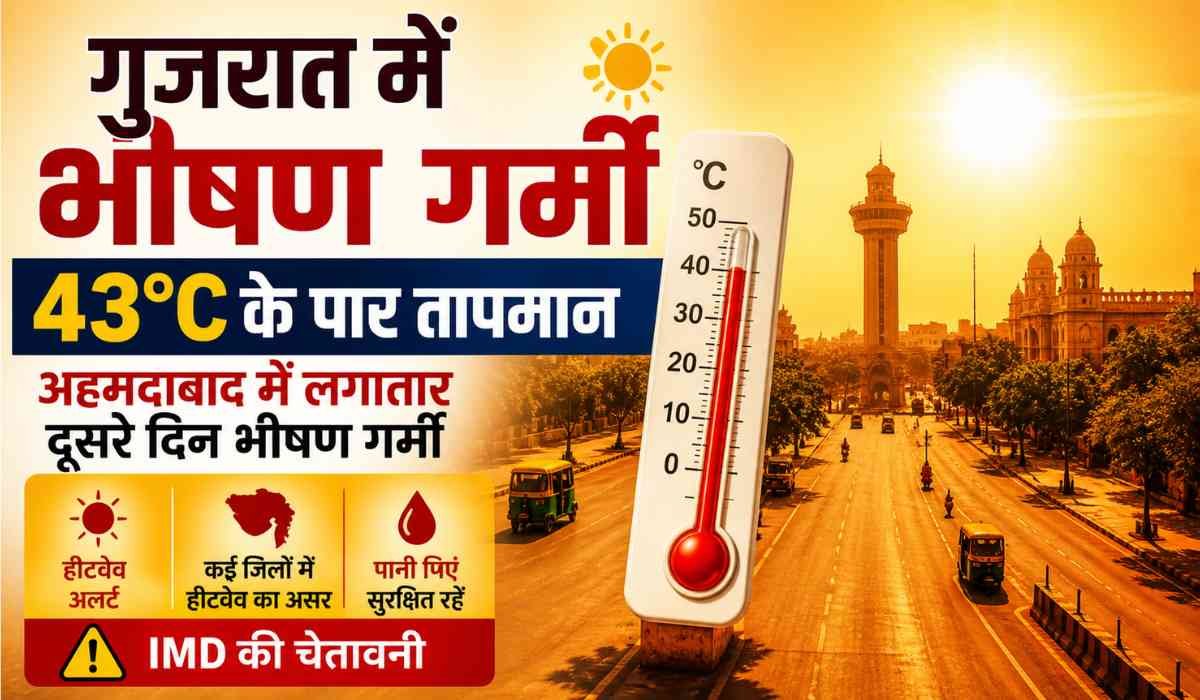 गुजरात हीटवेव 2026:गुजरात में भीषण गर्मी का दृश्य, अहमदाबाद में 43°C तापमान और तेज धूप के साथ हीटवेव का असर