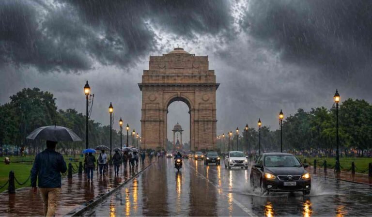 Delhi-NCR Weather Update 2026 showing heavy rain near India Gate with people and vehicles during thunderstorm