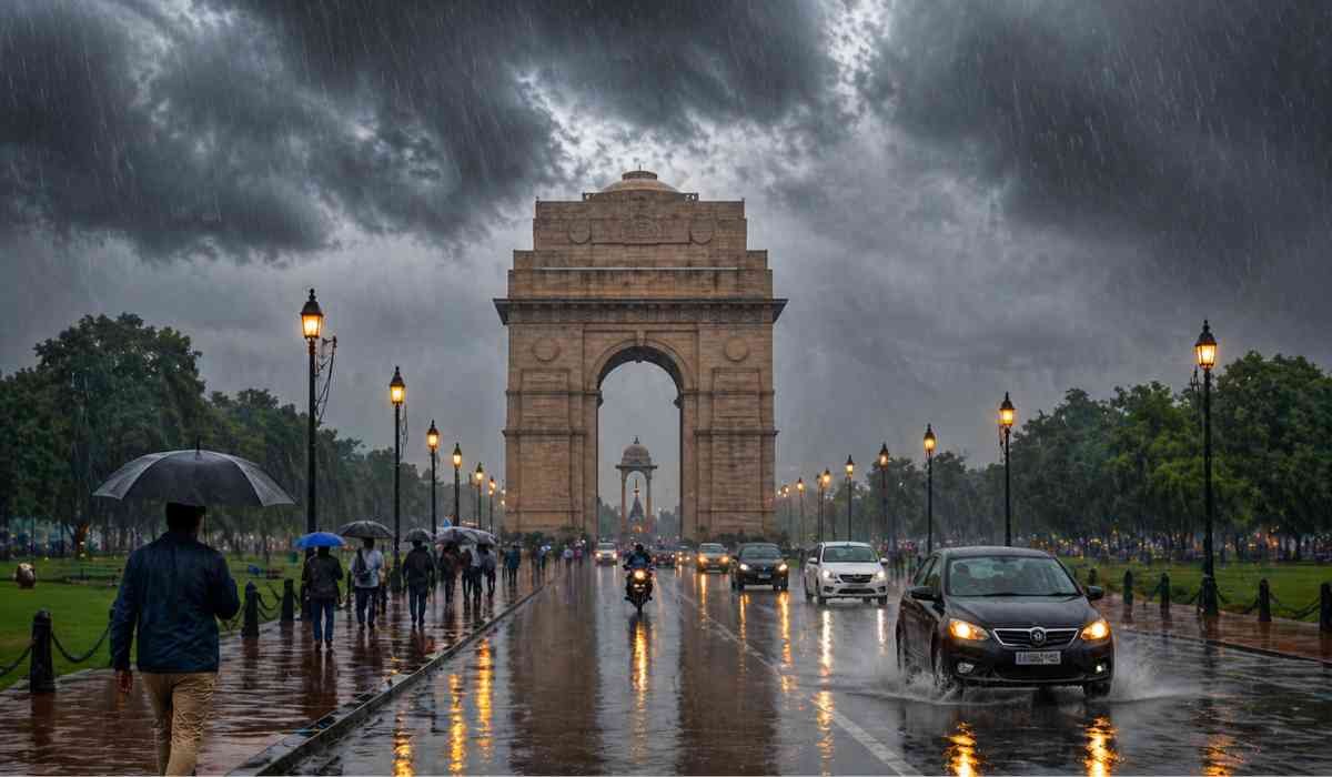 Delhi-NCR Weather Update 2026 showing heavy rain near India Gate with people and vehicles during thunderstorm