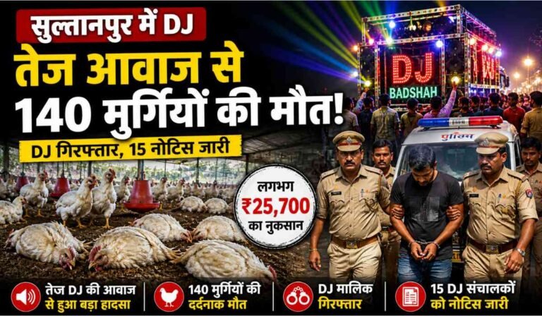 सुल्तानपुर DJ तेज आवाज मुर्गियों की मौत: सुल्तानपुर में तेज DJ की आवाज के कारण पोल्ट्री फार्म में 140 मुर्गियों की मौत और पुलिस द्वारा DJ संचालक की गिरफ्तारी