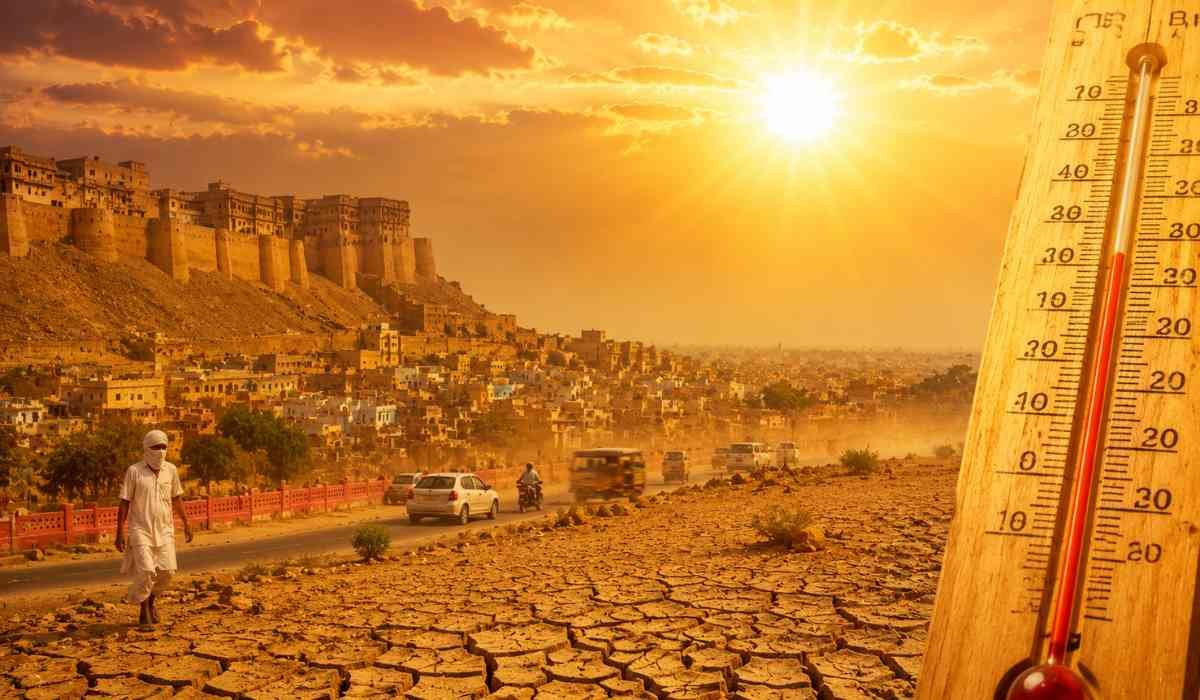 Rajasthan Heatwave Alert 2026 showing extreme heat sunny sky dry land and high temperature conditions in Rajasthan
