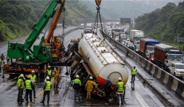Mumbai-Pune Expressway पर हुए खतरनाक गैस टैंकर हादसे और भारी ट्रैफिक जाम को दर्शाती हाई-क्वालिटी इमेज।