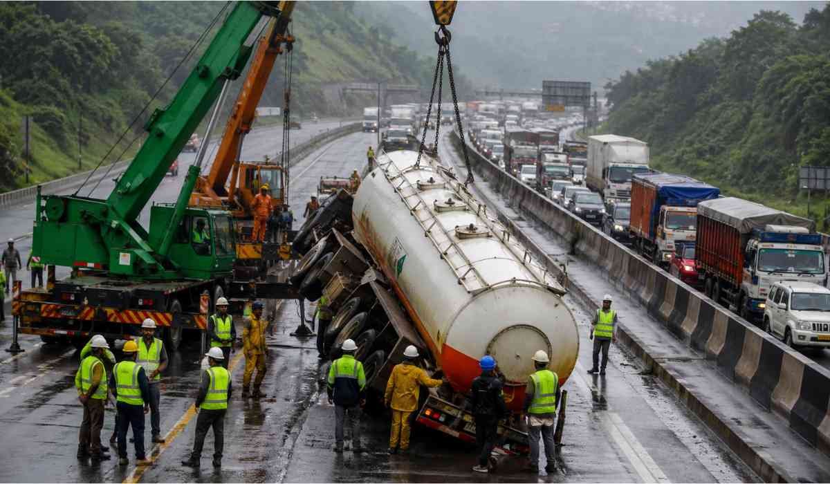 Mumbai-Pune Expressway पर हुए खतरनाक गैस टैंकर हादसे और भारी ट्रैफिक जाम को दर्शाती हाई-क्वालिटी इमेज।
