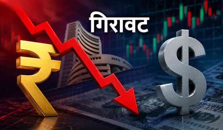 डॉलर के मुकाबले रुपया गिरा: डॉलर के मुकाबले रुपये में गिरावट और शेयर बाजार दबाव को दिखाती फाइनेंशियल इंफोग्राफिक इमेज।