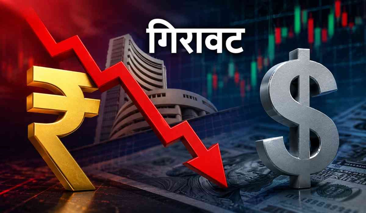 डॉलर के मुकाबले रुपया गिरा: डॉलर के मुकाबले रुपये में गिरावट और शेयर बाजार दबाव को दिखाती फाइनेंशियल इंफोग्राफिक इमेज।