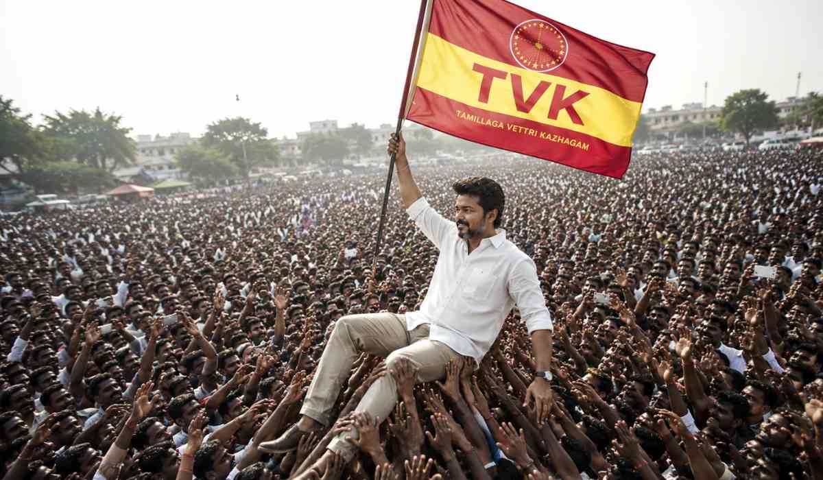 Vijay Government Formation rally image showing thousands of supporters lifting Vijay while holding the TVK flag