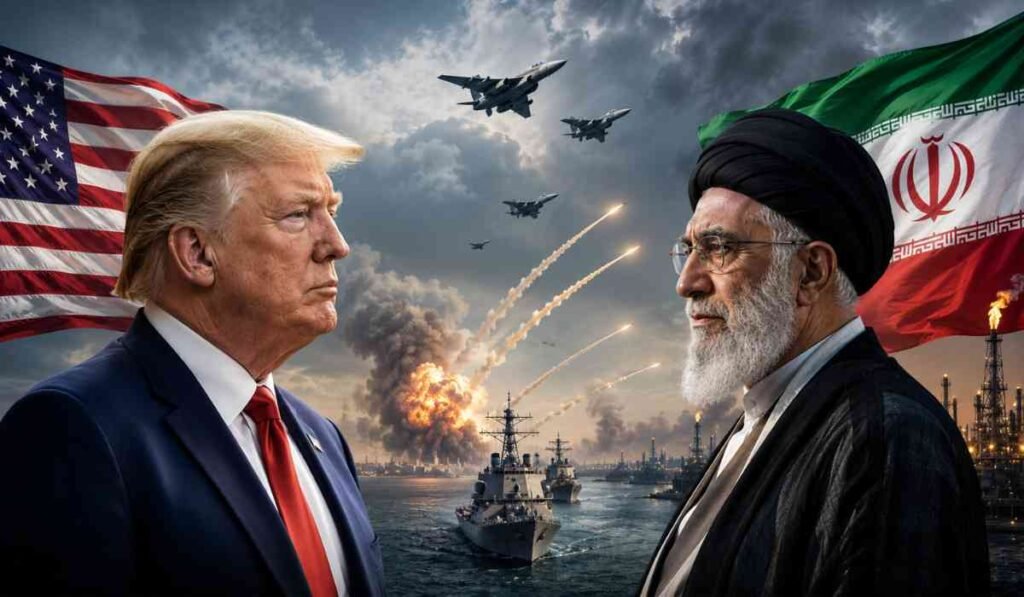 Iran-US War News Updates को दर्शाती हाई-क्वालिटी इमेज जिसमें Donald Trump, ईरान-अमेरिका तनाव, युद्धपोत, मिसाइल और Middle East संकट का दृश्य दिखाया गया है।