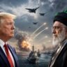 Iran-US War News Updates को दर्शाती हाई-क्वालिटी इमेज जिसमें Donald Trump, ईरान-अमेरिका तनाव, युद्धपोत, मिसाइल और Middle East संकट का दृश्य दिखाया गया है।