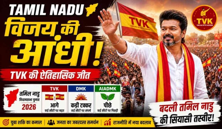 Tamil Nadu Election Result 2026:Tamil Nadu Election Result 2026 showing Vijay Thalapathy rally with Tamilaga Vettri Kazhagam supporters and massive crowd