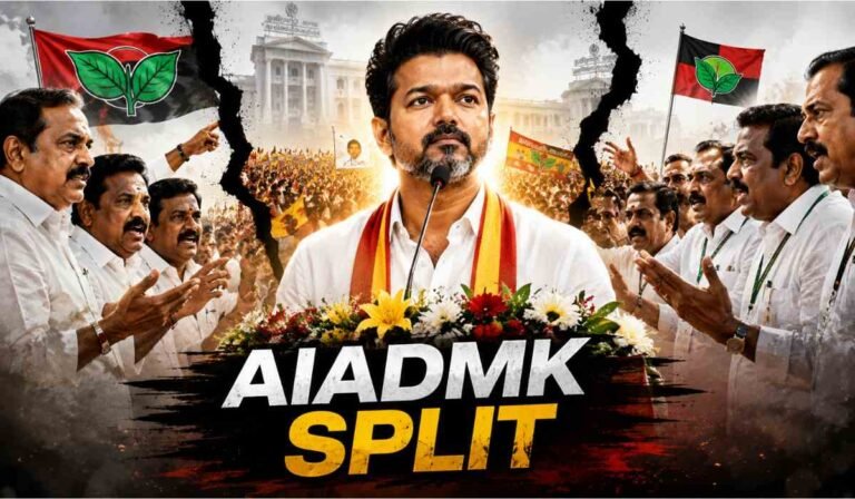 AIADMK Split Crisis thumbnail image showing Vijay at the center amid internal conflict inside AIADMK party