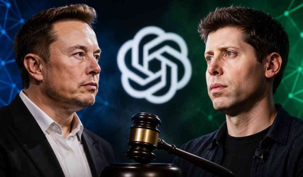 Musk vs Altman कानूनी विवाद के दौरान Elon Musk और Sam Altman की टेक इंडस्ट्री डिबेट दर्शाती हाई-क्वालिटी इमेज