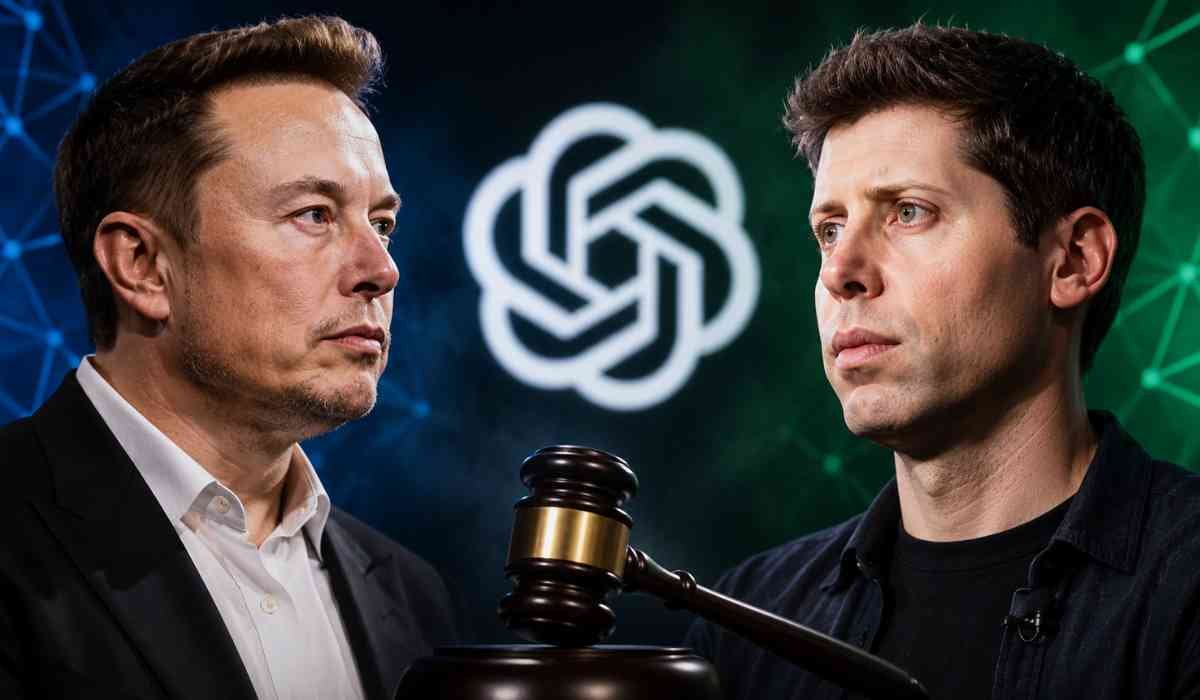Musk vs Altman कानूनी विवाद के दौरान Elon Musk और Sam Altman की टेक इंडस्ट्री डिबेट दर्शाती हाई-क्वालिटी इमेज