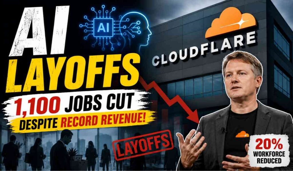 Cloudflare AI Layoffs के बाद कंपनी में नौकरी कटौती और AI automation को दिखाता टेक न्यूज थंबनेल