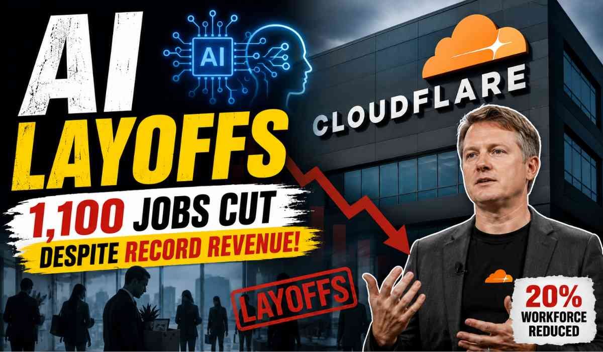 Cloudflare AI Layoffs के बाद कंपनी में नौकरी कटौती और AI automation को दिखाता टेक न्यूज थंबनेल