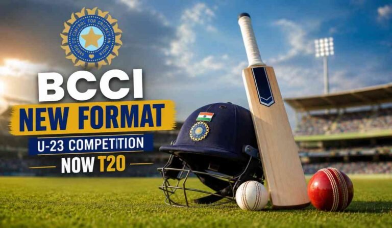 BCCI U-23 T20 Tournament: BCCI का बड़ा फैसला! U-23 वनडे टूर्नामेंट की जगह अब होगा T20 मुकाबला 1 BCCI U-23 T20 Tournament announcement graphic showing new domestic cricket format replacing the U-23 one-day competition.