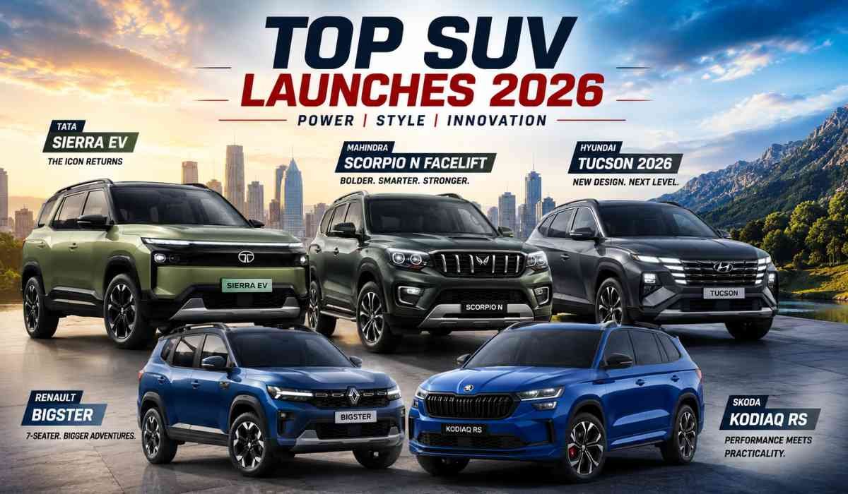 Top SUV Launches 2026: भारत में 2026 में लॉन्च होने वाली नई SUVs का हाई-क्वालिटी 4K बैनर जिसमें Tata Sierra EV, Mahindra Scorpio N Facelift और Hyundai Tucson जैसी SUVs दिखाई गई हैं।