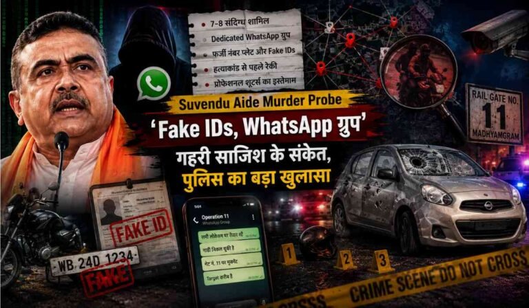 Suvendu Adhikari Aide Murder Conspiracy thumbnail image showing WhatsApp group links, fake IDs and crime investigation visuals in Bengal murder case
