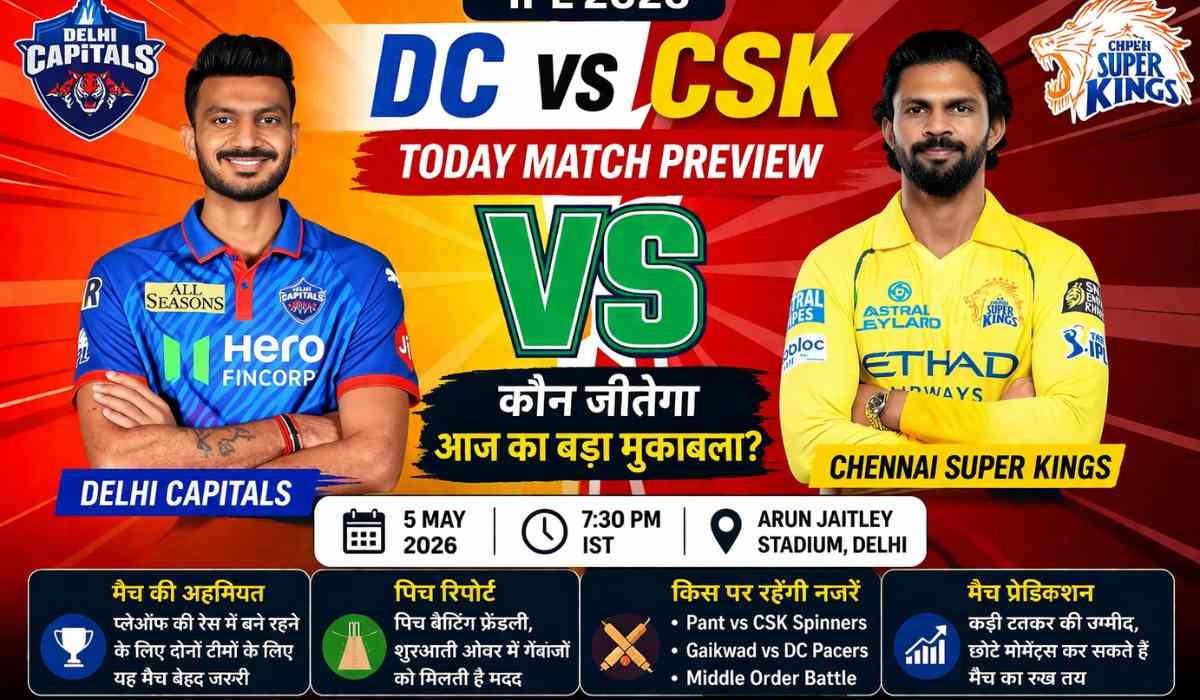 DC vs CSK Today Match IPL 2026 preview image with Delhi Capitals and Chennai Super Kings players and match prediction