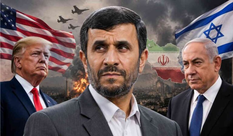 Mahmoud Ahmadinejad Iran News को दर्शाती हाई-क्वालिटी इमेज जिसमें Mahmoud Ahmadinejad, Donald Trump, Israel और Iran conflict का तनावपूर्ण राजनीतिक दृश्य दिखाया गया है।