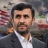 Mahmoud Ahmadinejad Iran News को दर्शाती हाई-क्वालिटी इमेज जिसमें Mahmoud Ahmadinejad, Donald Trump, Israel और Iran conflict का तनावपूर्ण राजनीतिक दृश्य दिखाया गया है।