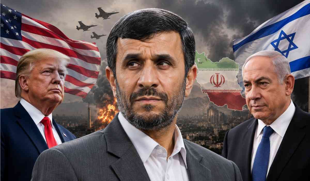 Mahmoud Ahmadinejad Iran News को दर्शाती हाई-क्वालिटी इमेज जिसमें Mahmoud Ahmadinejad, Donald Trump, Israel और Iran conflict का तनावपूर्ण राजनीतिक दृश्य दिखाया गया है।