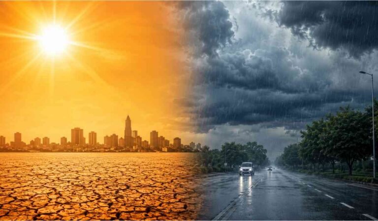 Aaj Ka Mausam को दर्शाती हाई-क्वालिटी इमेज जिसमें एक तरफ भीषण गर्मी और दूसरी तरफ तेज बारिश व तूफानी मौसम का दृश्य दिखाई दे रहा है।