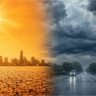 Aaj Ka Mausam को दर्शाती हाई-क्वालिटी इमेज जिसमें एक तरफ भीषण गर्मी और दूसरी तरफ तेज बारिश व तूफानी मौसम का दृश्य दिखाई दे रहा है।