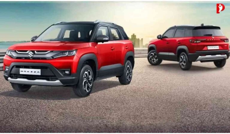 शोरूम में खड़ी नई Maruti Brezza Facelift SUV का प्रीमियम फ्रंट लुक