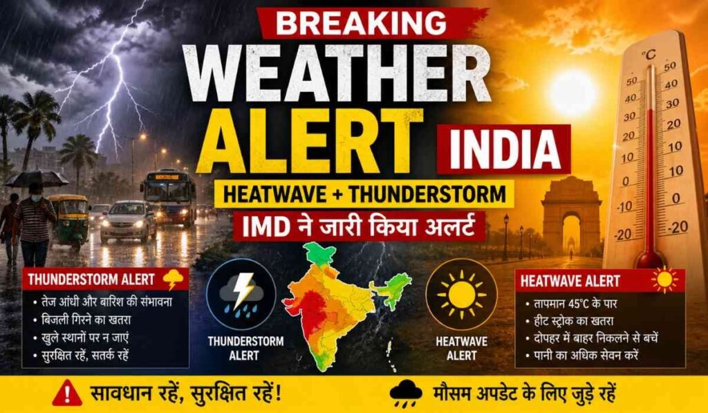 Breaking Weather Alert India:भारत में हीटवेव और तूफान के अलर्ट को दिखाती तस्वीर, एक तरफ तेज धूप और दूसरी तरफ बारिश व बिजली