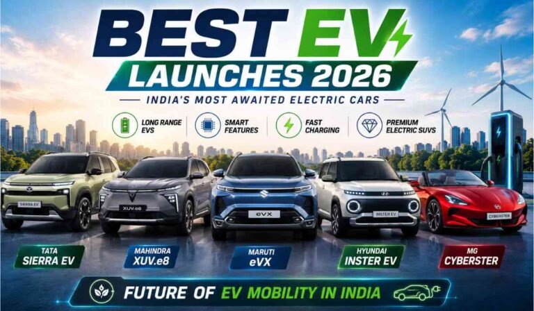 Best EV Launches 2026 में भारत में लॉन्च होने वाली नई इलेक्ट्रिक कारें जैसे Tata Sierra EV, Mahindra XUV.e8, Maruti eVX और Hyundai Inster EV दिखाई गई हैं।