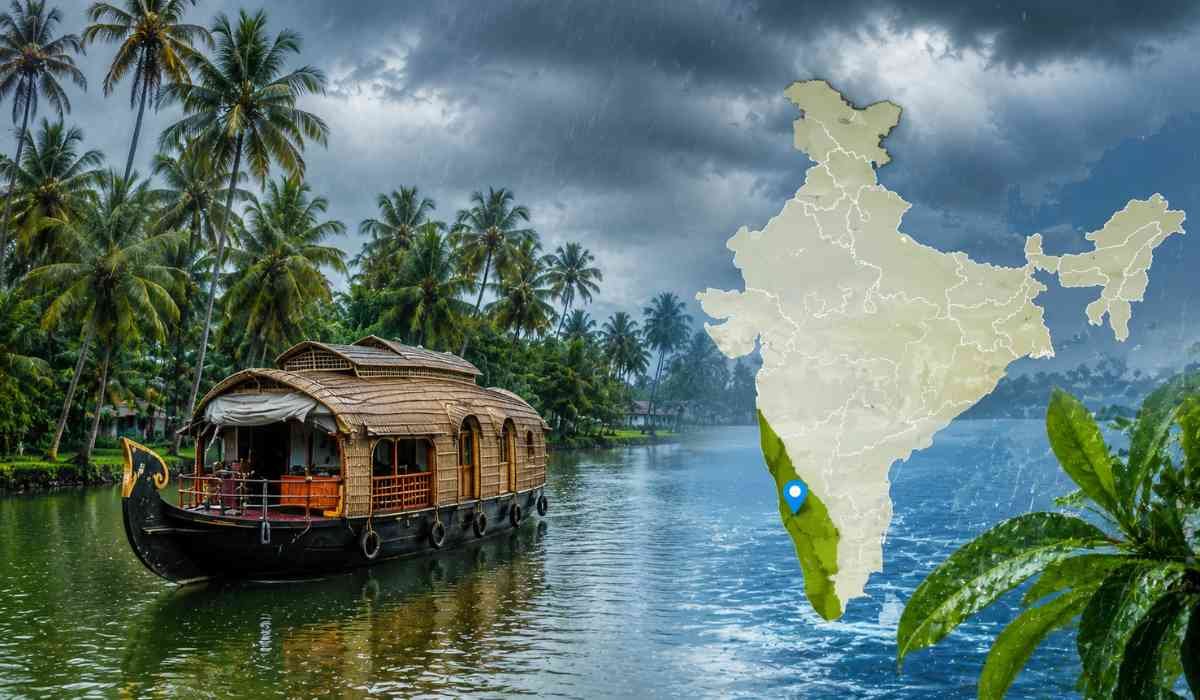 Monsoon Update 2026 को दर्शाती हाई-क्वालिटी इमेज जिसमें केरल में मॉनसून की एंट्री, बारिश, नारियल के पेड़ और भारत का मौसम मानचित्र दिखाई दे रहा है।