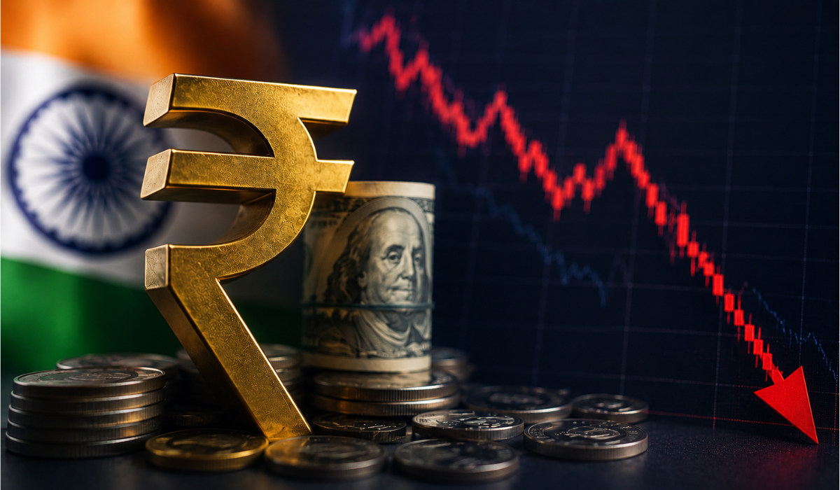 Indian rupee symbol with US dollar and falling market graph showing rupee at record low against dollar.