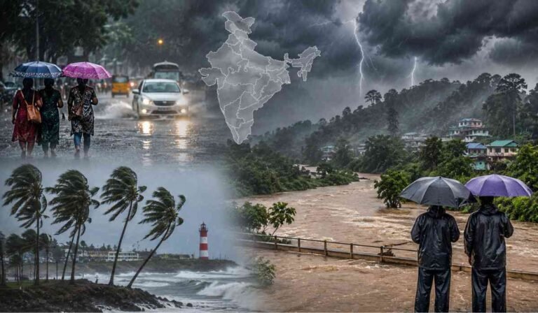 Heavy Rain Alert को दर्शाती हाई-क्वालिटी इमेज जिसमें भारत के कई राज्यों में भारी बारिश, बाढ़, तेज हवाएं और तूफानी मौसम का दृश्य दिखाई दे रहा है।