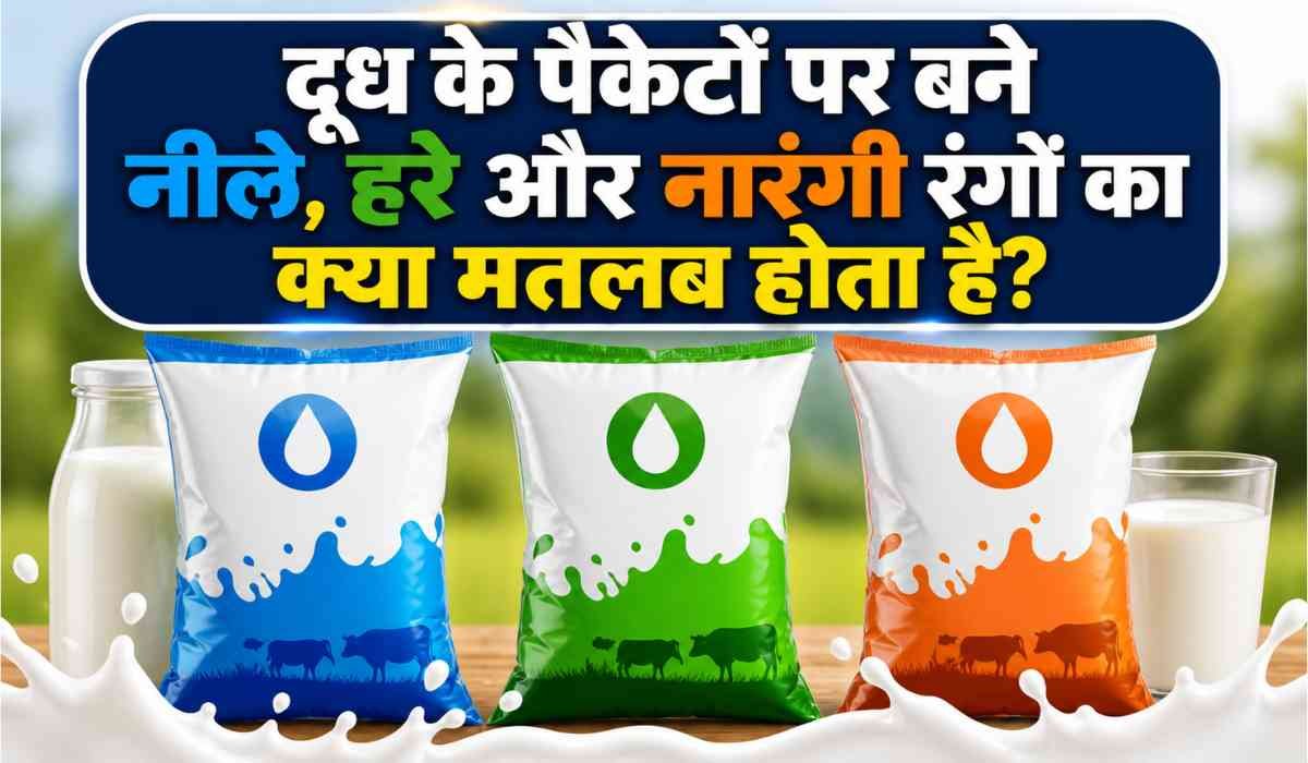 दूध के पैकेट के रंग का मतलब:Milk Packet Color Meaning showing blue green and orange milk packets with different milk types and fat levels