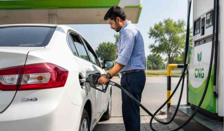CNG Car Mileage Tips को दर्शाती इमेज जिसमें एक व्यक्ति CNG स्टेशन पर अपनी कार में गैस भरवाते हुए दिखाई दे रहा है।