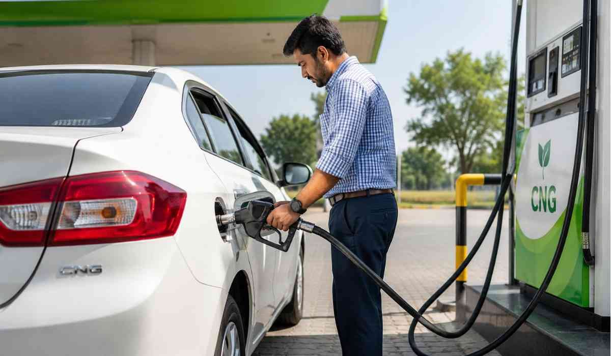 CNG Car Mileage Tips को दर्शाती इमेज जिसमें एक व्यक्ति CNG स्टेशन पर अपनी कार में गैस भरवाते हुए दिखाई दे रहा है।