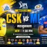 IPL 2026 CSK vs MI match poster showing Chennai Super Kings vs Mumbai Indians with playing XI, key player battles and match details at Wankhede Stadium