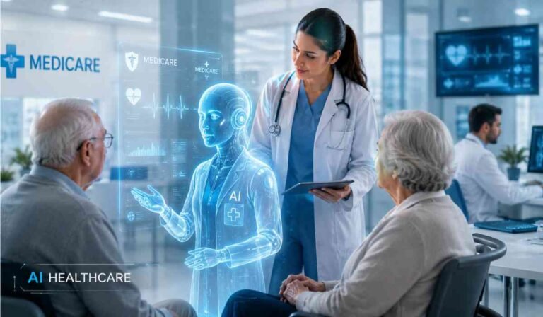 Medicare AI Payment Model thumbnail image showing AI healthcare assistant helping doctors and elderly patients in a futuristic hospital
