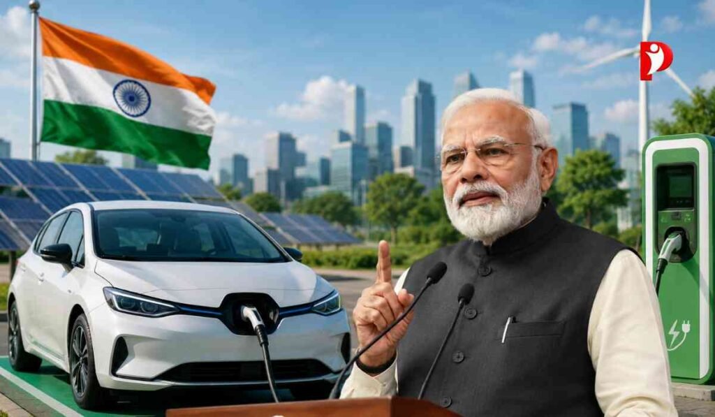 EV Cars in India को दर्शाती हाई-क्वालिटी इमेज जिसमें प्रधानमंत्री नरेंद्र मोदी इलेक्ट्रिक कारों को बढ़ावा देते हुए दिखाई दे रहे हैं और पास में EV चार्जिंग स्टेशन मौजूद है।