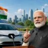 EV Cars in India को दर्शाती हाई-क्वालिटी इमेज जिसमें प्रधानमंत्री नरेंद्र मोदी इलेक्ट्रिक कारों को बढ़ावा देते हुए दिखाई दे रहे हैं और पास में EV चार्जिंग स्टेशन मौजूद है।