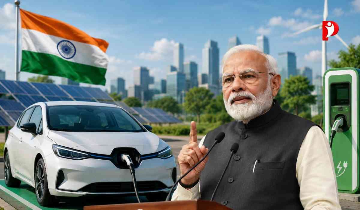 EV Cars in India को दर्शाती हाई-क्वालिटी इमेज जिसमें प्रधानमंत्री नरेंद्र मोदी इलेक्ट्रिक कारों को बढ़ावा देते हुए दिखाई दे रहे हैं और पास में EV चार्जिंग स्टेशन मौजूद है।