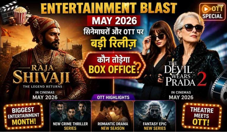 May 2026 Entertainment: कौन मारेगा बाज़ी-Raja Shivaji या Devil Wears Prada 2? 7 मई 2026 एंटरटेनमेंट रिलीज़ पोस्टर जिसमें Raja Shivaji और The Devil Wears Prada 2 के साथ OTT कंटेंट दिखाया गया है