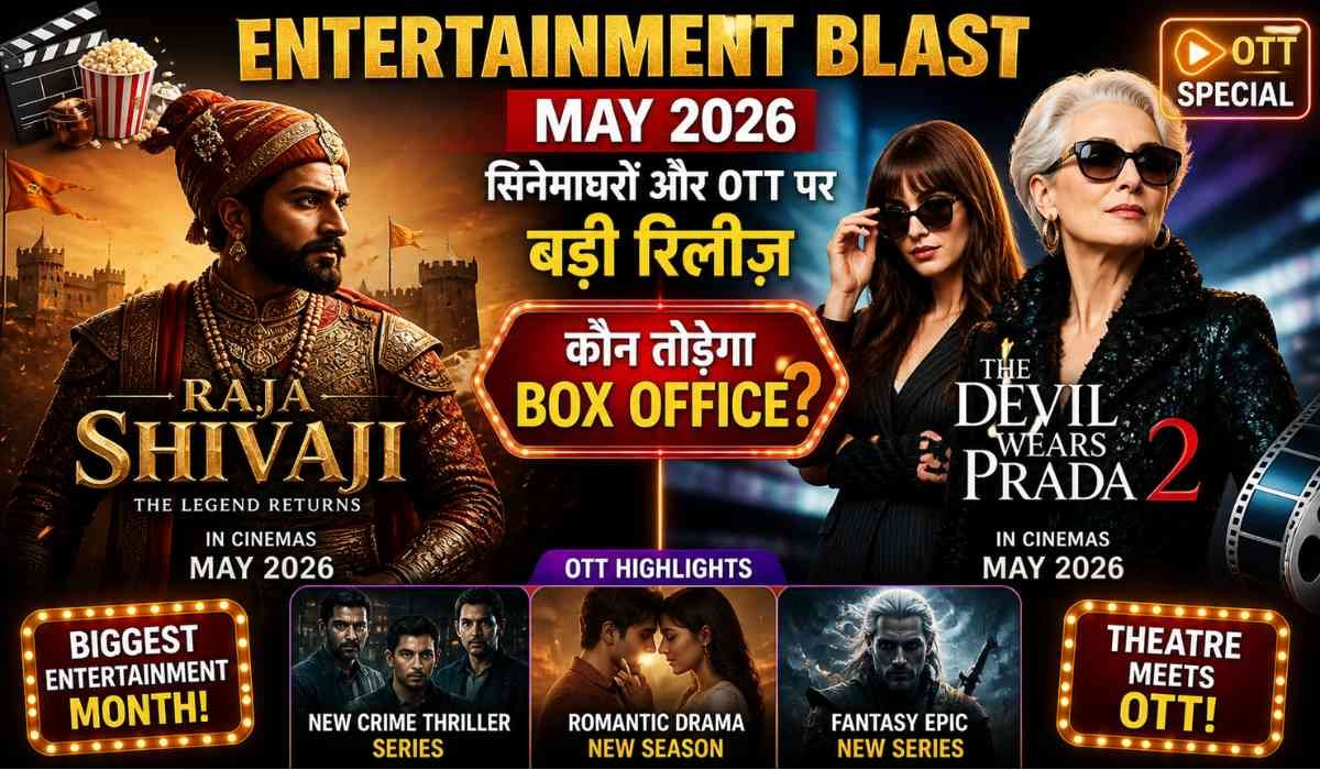 मई 2026 एंटरटेनमेंट रिलीज़ पोस्टर जिसमें Raja Shivaji और The Devil Wears Prada 2 के साथ OTT कंटेंट दिखाया गया है