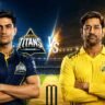 अहमदाबाद के नरेंद्र मोदी स्टेडियम में GT vs CSK मैच पोस्टर, जिसमें गुजरात टाइटंस और चेन्नई सुपर किंग्स के खिलाड़ी आमने-सामने खड़े हैं।